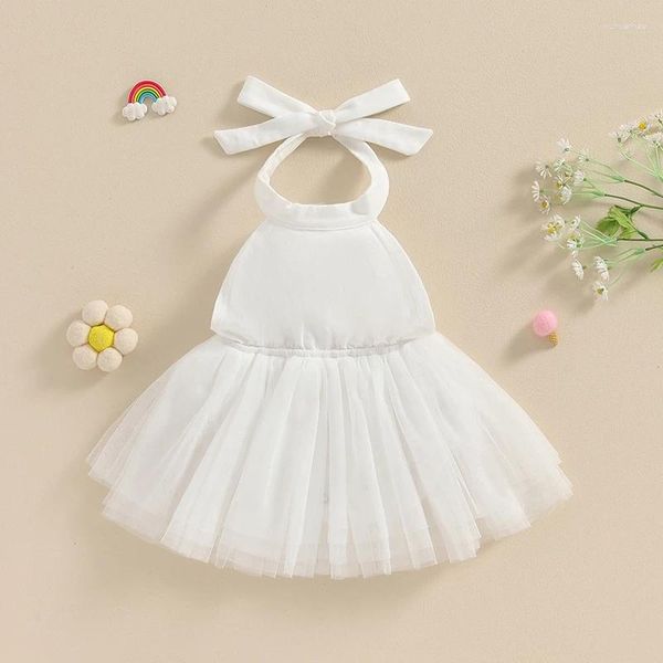 Abiti da ragazza abito a maglie per bambini elegante senza maniche cravatta a cacciatore di colore solido senza schienale tulle per 0-24m per 0-24m