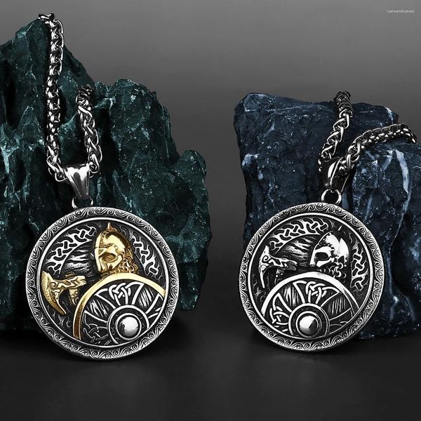 Colares pendentes nórdicos viking odin guerreiro machado escudo de colar retrô de aço inoxidável amuleto de jóias masculinas por atacado