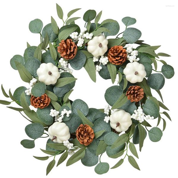 Fiori decorativi 18 '' ghirlanda di zucca bianca autunnale ghirlanda eucalipto con zucche bacche di pimescole per la raccolta della fattoria del Ringraziamento
