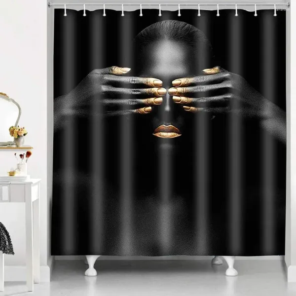 Cortinas de chuveiro Cortina de menina africana Black Sexy Fashion Golden Bath Bath Waterproo Polyster Banheiro com ganchos decoração de casa