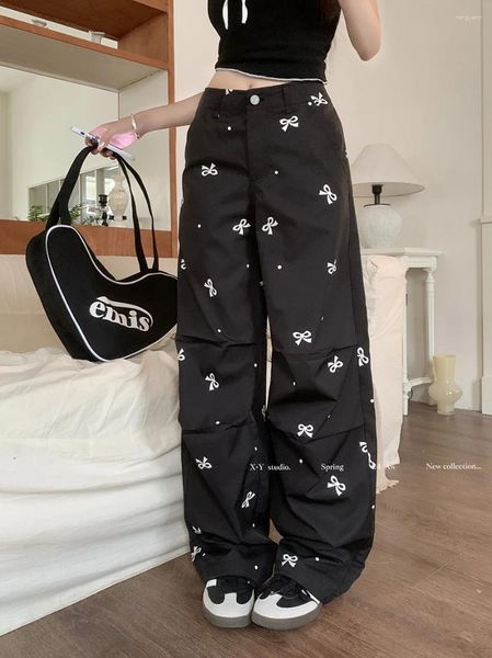 Calças femininas Benuynffy Polka Polka Dot Impresso Cargo Coreano Moda Y2K Arragem de Streetwear solta Lares largas para mulheres