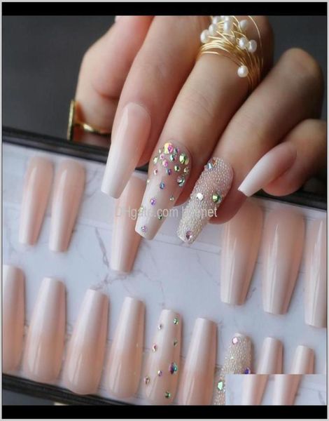 False Nails Made ombre gel Nude Coffin reutiliza Pressione na caixa Pink Acrylic Nails UV Bling 3D Crystal Ballet Fasle C69YH S0UQM4325982