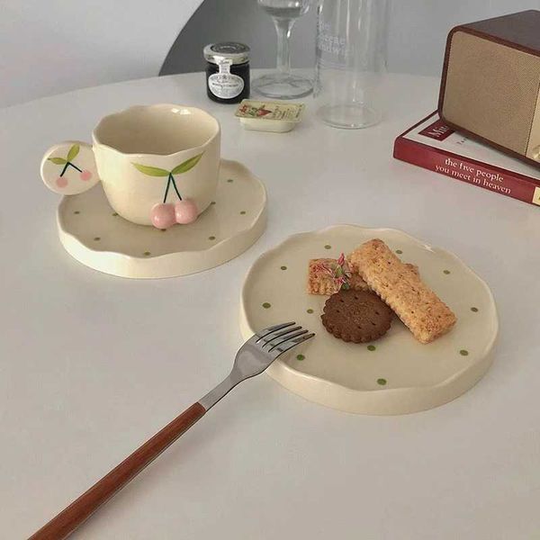 Чашки блюдцы мода INS Ceramic Mug Coffee Cup Cufe и блюдца, установленные Kawaii 3D вишневый послеобеденный чай, чайная чашка, торт, торт, подарок подарок