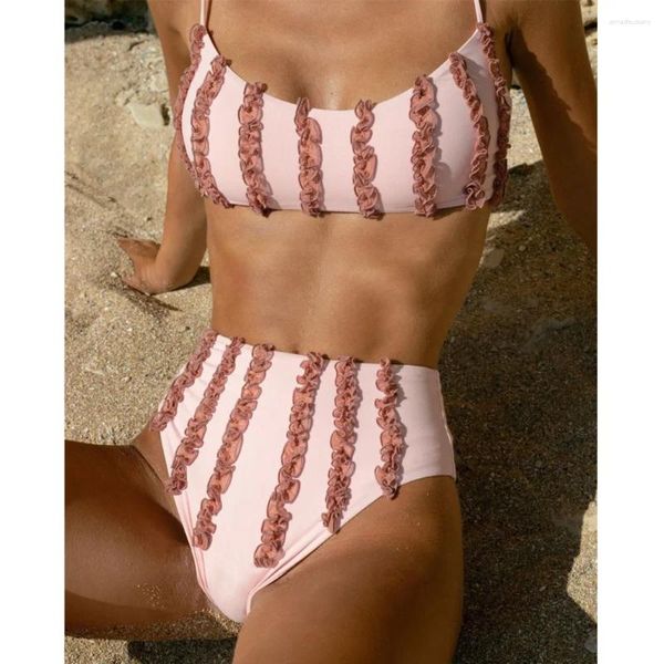 Frauen Badebekleidung Frauen 2024 Ankunft Sommer hoher Taille Bikini 3d Rüschen Sexy Biquini Beachwear Junge Damen rosa Badeanzug