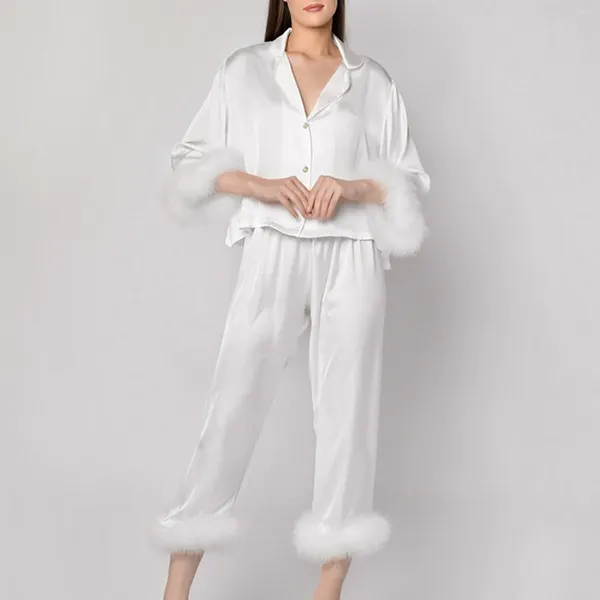 Heimkleidung 2 Stück Pyjamas Set Frauen elegante Feder Nachtwege Seide Satin Pyjama lässige Tops Hosen Nachtwäsche Kleidung Lounge Anzüge