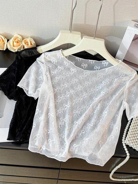 Damen T-Shirts French Bow Haken Blume Hohl aus Spitzen-T-Shirt für Frauen Sommer O-Neck kurzärmelig dünner Top Fashion Clothing