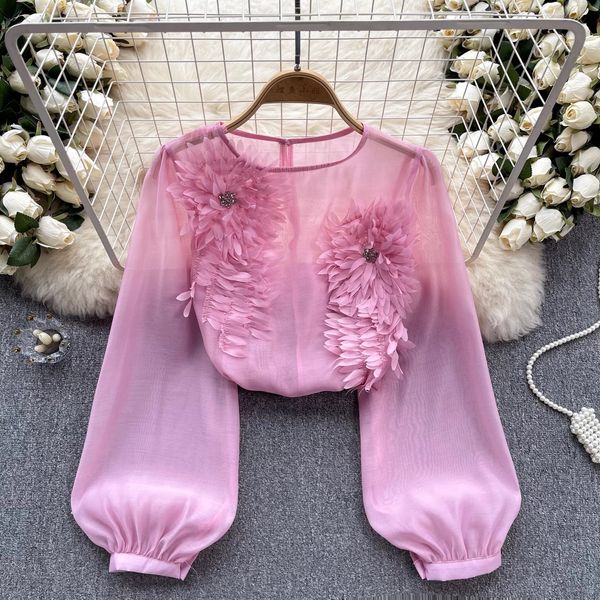 NOVO DE MODA FEM DO COREANO DE MANEIRA DE MANEIRA LONGA LONGA FLORES DE FLORES DE PACTRA DE PACKWORK Pink Blouse Tops de camisa de blusa doce