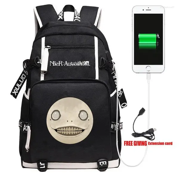 Backpack Game Nier Automata USB Unissex Travel Bags de laptop de ombro de desenho animado Teens Kids Student School Bookbag