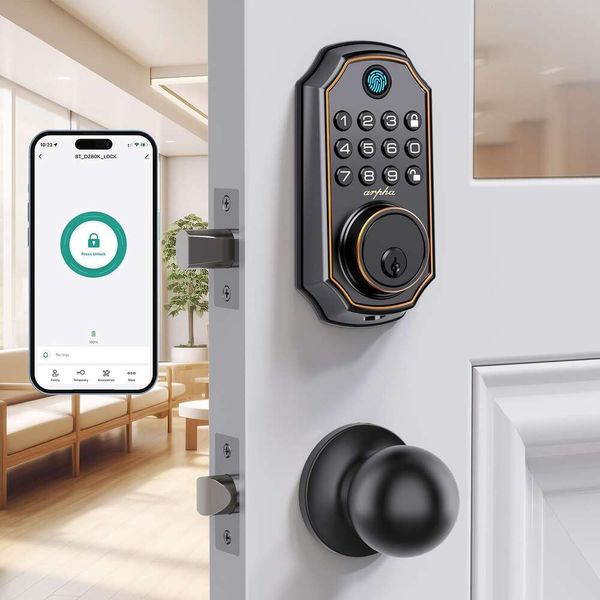 Conjunto de identificadores de entrada sem chave - Código Alpha 100 Lock de porta de impressão digital inteligente com controle de aplicação, bloqueio automático de senha anti -peeping, código descartável,