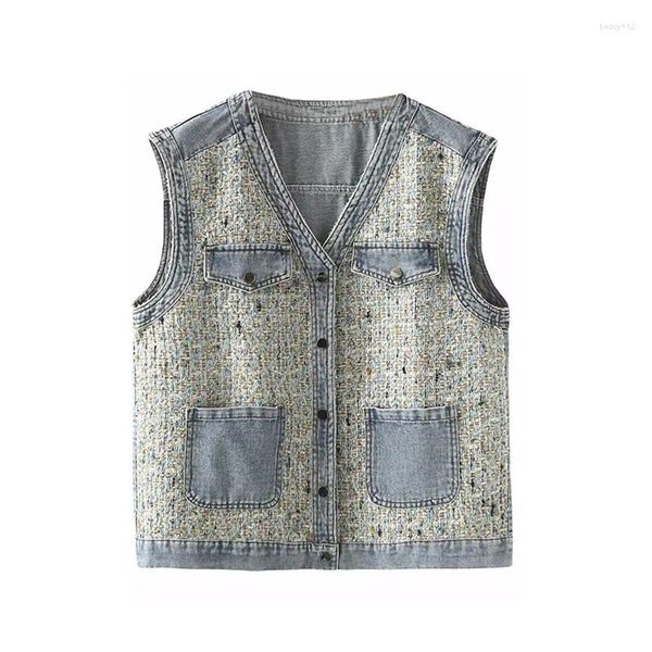 Giubbotti da donna oversize xl-4xl tweed giunzione denim gilet a v-scollo a v-snelli senza maniche