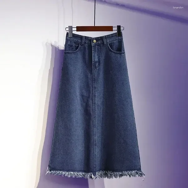 Saias de tamanho grande moda midi saia jeans de primavera outono koreon roupas de rua bolsos de luta alta cintura alta 2024 f23