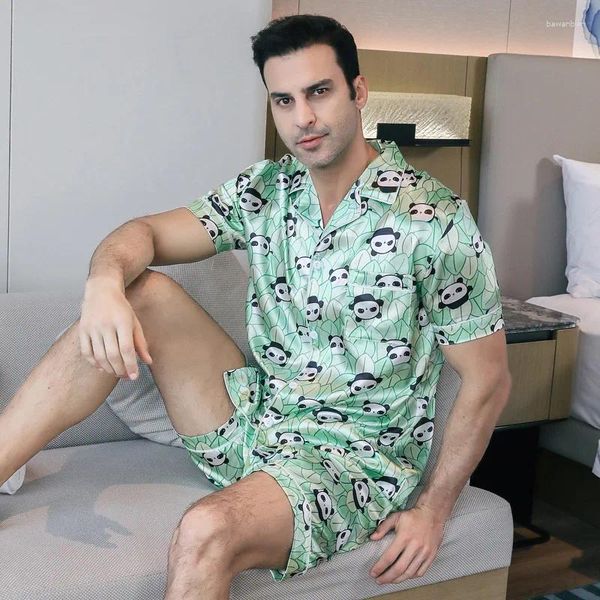 Home Clothing Mens Seiden Satinabdruck Pyjamas Set kurzärmeligte Taschenknopf Shirt Shorts unten für die Sommer -Loungewear -Nachtwäsche -Kleidung Anzug
