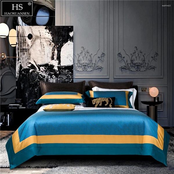 Set di biancheria da letto a strisce gialle innumerevoli design del puledro da corsa 4 tipi di filo tinto tinto di jacquard biancheria bianche da letto piumino foglio da letto