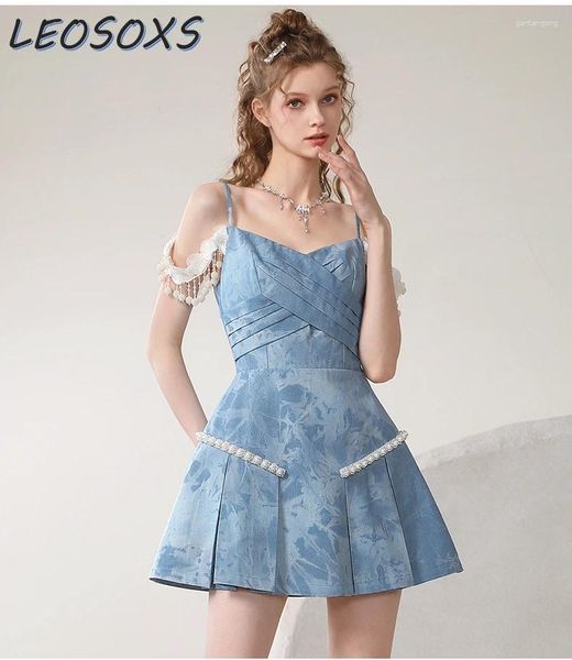 Lässige Kleider weibliche Temperament romantische sexy Suspender 2024 Sommer raffinierter handgefertigter Spitze Quasten Krawatte-Dye-Denim-Klammern Kleid