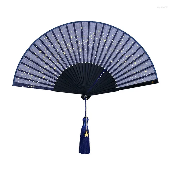 Estatuetas decorativas românticas fã de céu estrelado chinês hanfu decoração criativa festa de aniversário fãs portable bamboo ventilador