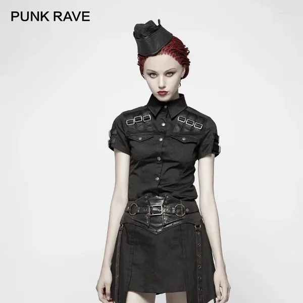 Frauenblusen Punk Rave Style Militärfrau Kurzarm Hemden Schlankes Pocket Steampunk schwarze Baumwollbluse hübsche Frauen Tops