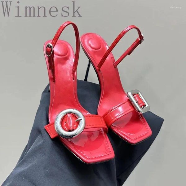 Sandalen Sommer Square Toe Mody Woman Schuhe Schnalle Riemen High Heels Metall Dekor echte Leder sexy Partykleid Frauen 2024