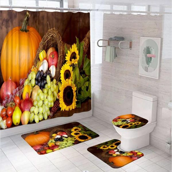 Tende per doccia giallo girasoli di zucca set da bagno tappeti per tende accessori raccogliere foglie autunnali foglie di frutta vano vano vano per bagno coprione