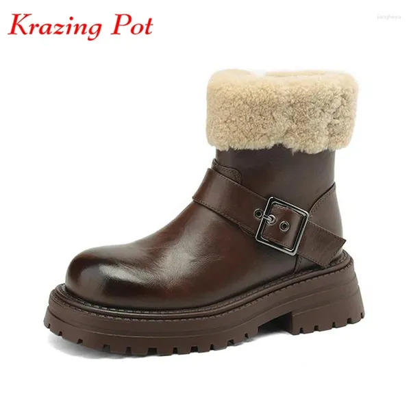 Stivali cuoio cera per canotta krazing in pelle naturale pelliccia rotonda inverno neve calda con tacchi medici spessi guscio di bellezza lady leisure caviglia