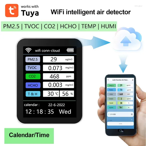 Wi -Fi 7 в 1 монитор смарт -воздушного качества CO2 -метр TVOC HCHO PM2.5 Тестер цифровой датчик формальдегидного газа Detector Tuya App