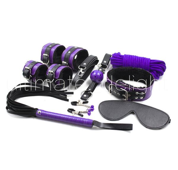 Jogo adulto 8pcslot Purple Mix Color PU Couro Restrições de Bondage Game BDSM Sexo Setnipple Clamps Corda Cuffs Collar Sex Whi4607005