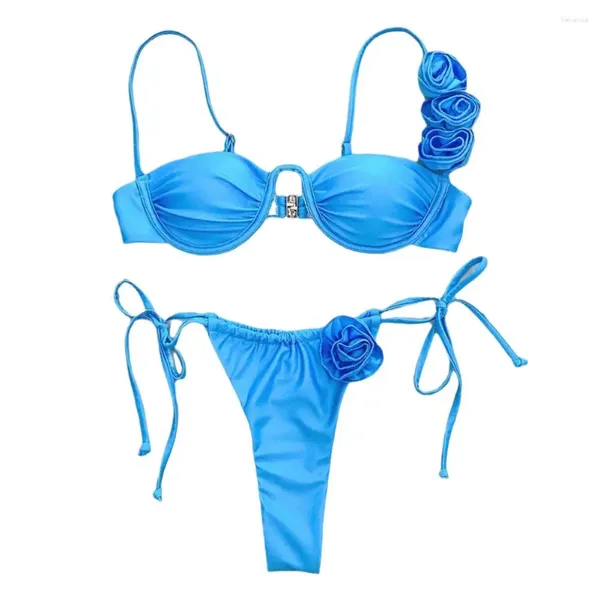 Damen Badebekleidung Sling Bikini Set Blumenspitze mit Bandeau BH-Schnürbefehls 3d Blume Badeanzug Badeanzug