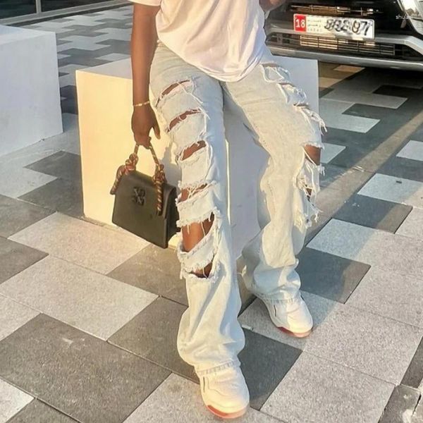 Jeans femininos Senhores Sexy Ripped Hole Denim Pants Vintage Mulheres Larra larga Larra de perna larga Cantura alta Blue Casual Streetwear