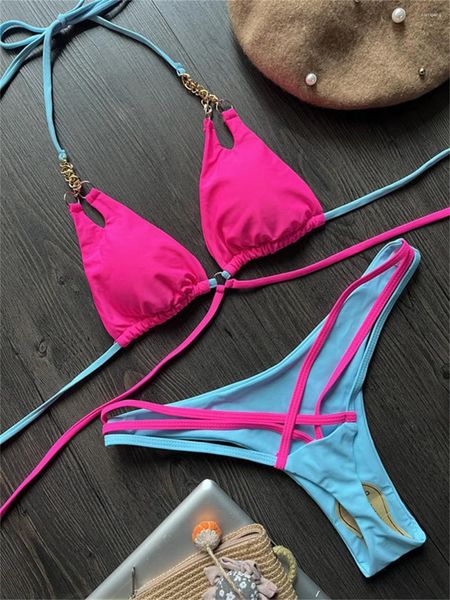 Menas de banho feminina Correntes sexy String Bikini Thong Cross Bandage Swimsuit de duas peças Y2K Mulheres Brasileiras Bathing Suit de traje de férias