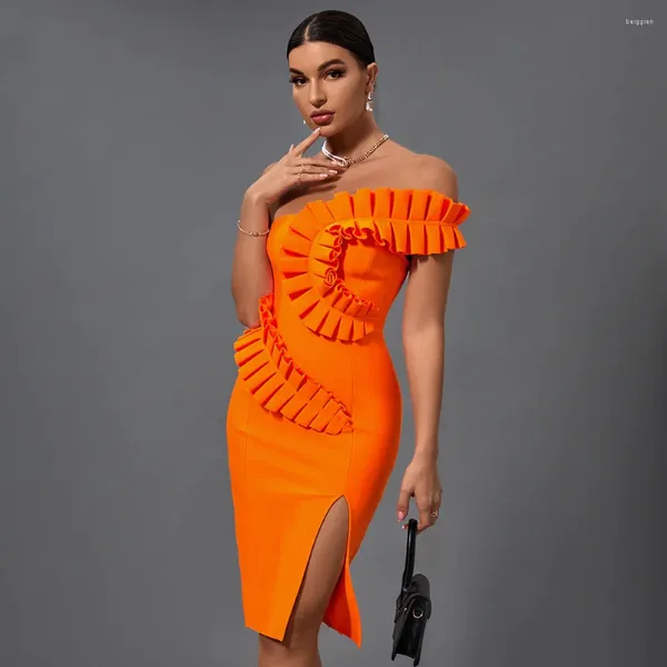 Lässige Kleider Willbenice 2024 sexy Verbandskleid Frauen One-Shoulder Orange Rüschen Bodycon Club Party Prominente Draped Vestido