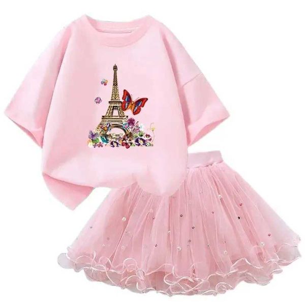 Conjuntos de roupas Girls Princess Ski Conjunto de esqui borboleta Eiffel Tower T-Shirt+Tutu Ski 2 Peças Conjunto de 3-14 anos de idade