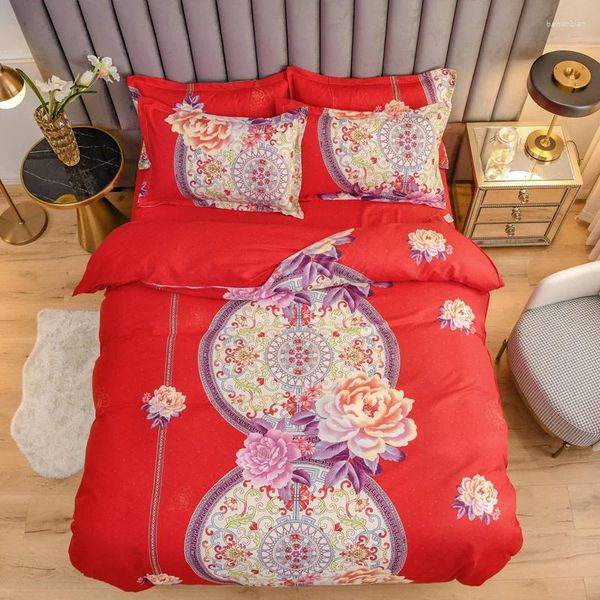 Conjuntos de roupas de cama 4pcs/conjunto folhas Folhas faixas de flores estilo chinês king size picada de coloração vermelha lençóis para casamento