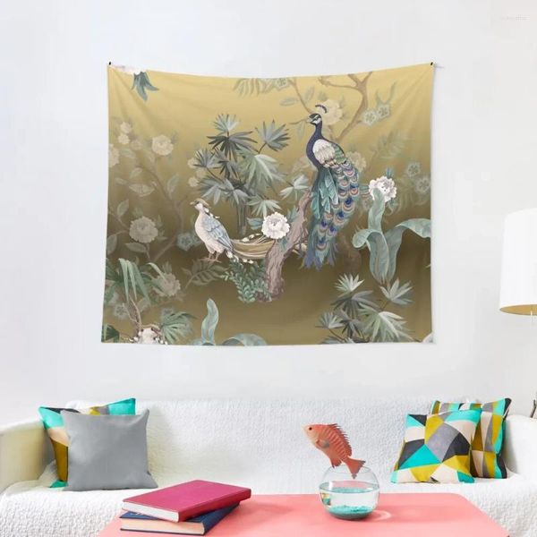 Taquestres Fengshui Oriental Chinoiserie - Jardim de Folhas de Ouro com Pavão e Quarto de Tapestry Decoração