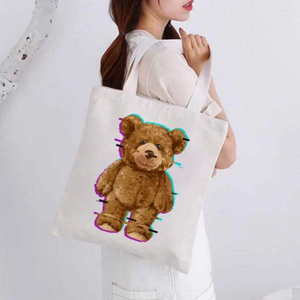 Сумки для покупок мультфильм медведь печатная сумка для женщин -покупатель кусочки смешное плечо сумочка для леди подарки Canvas Большая студенческая книга