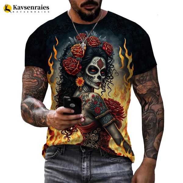 Camiseta do crânio mexicano masculino de camisetas gráficas de pichações femininas pichações de terror de terror gótica Camiseta de rua de moda de rua 240510