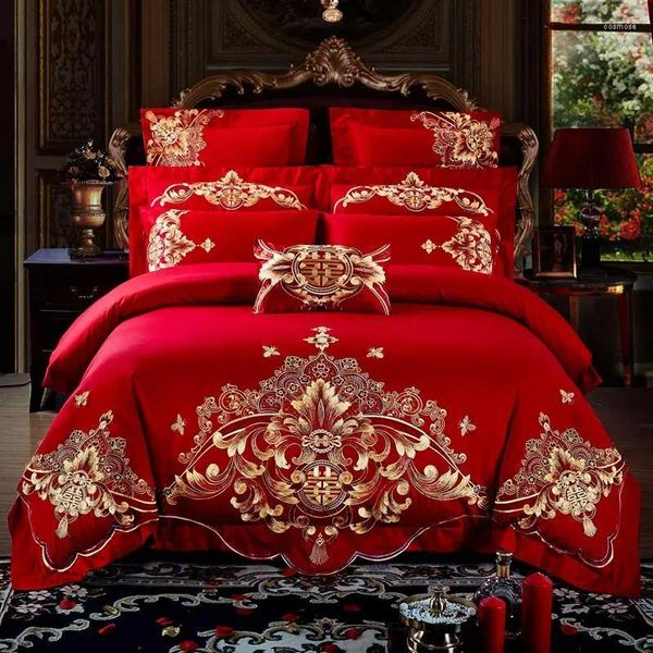 Conjuntos de roupas de cama 37 Red Style Wedding Gold Oriental Bordado de algodão Conjunto de edredão Ceda de lençol de colaboração Fronha 4/6/9pcs