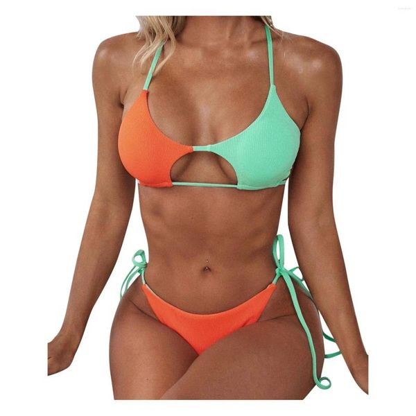 Atualmente, os conjuntos de biquíni de cintura alta feminina para o bloco de cores de verão push up up 2 peças de maiô de halter tops de banho de banho 2024 roupas de praia