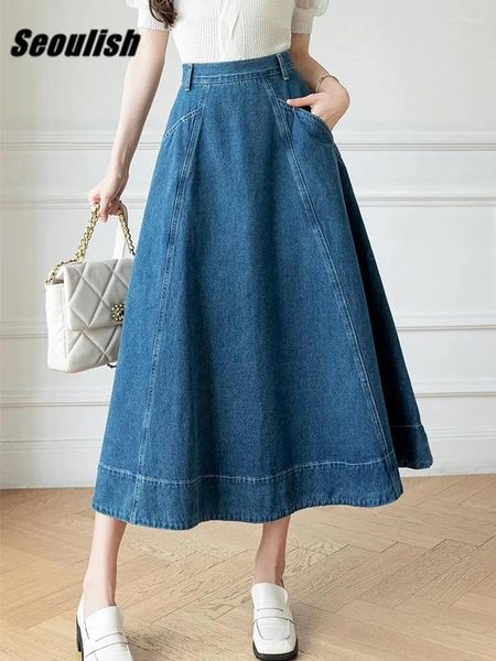 Röcke Seoulish High Taille Damen Denim Long A-Line Frühlings Sommer Vintage Cowboy Jeans Regenschirm Taschen weiblich 2024