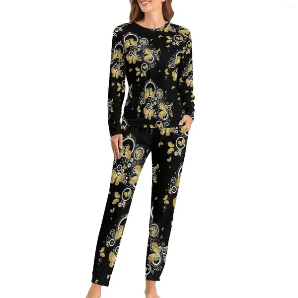 Frauen Nachtwäsche Gold Schmetterling Pyjamas Frühling Gears drucken lässig übergroß