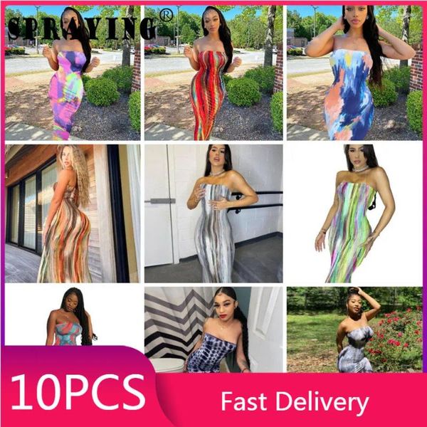 Vestidos casuais 10pcs 2024 Mulheres vestido sem alças y2k tie corante impressão sexy moda itens de atacado de lotes de roupas S11256