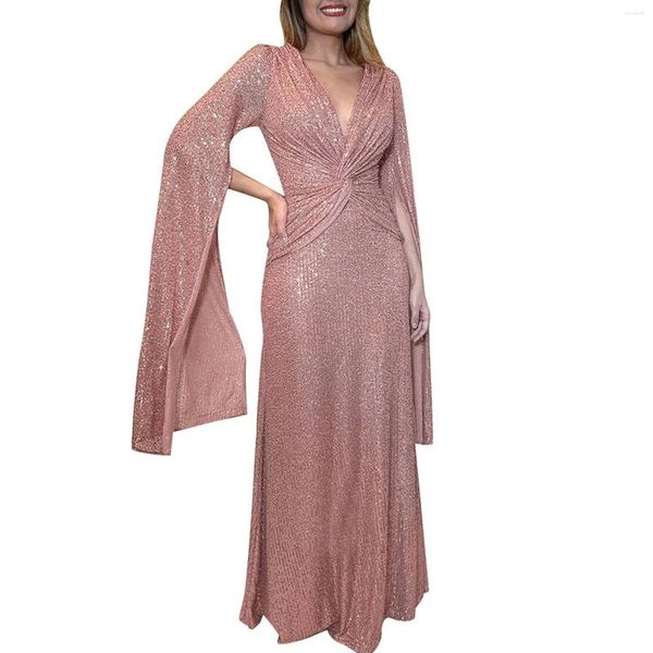Повседневные платья розовые блески формальные для свадебной гостя Slit с длинным рукавом для праздничных платье для вечеринки Женщины вечер Maxi