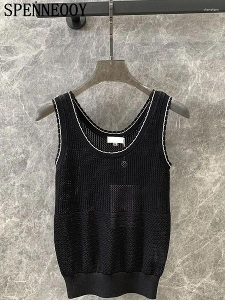 Frauen Tanks Mode Runway Sommer Schwarz Wolle Weave Camisol Feste Farbe O-gar ärmellose lose hohl aus atmungsaktive Oberteile