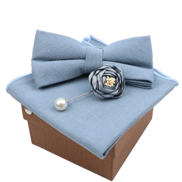 Set di cravatte set di colore solido uomo in pelle scamosciata super morbida uomo in cotone papillonsino per spalla set di spille bowtie bowknot blu blu farfalla novità regalo novità