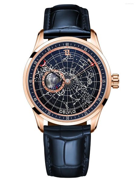 Armbanduhren Frankreich Oblvlo Europa und Amerika Automatische Mechanische Uhr Freizeitgeschenk Herren Luminous Starry Sky Serie