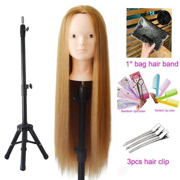 Kit de cabeça de treinamento de cabeças de manequim para penteado modelo humano 100% maquiagem sintética com suporte de peruca de clipe Q240510