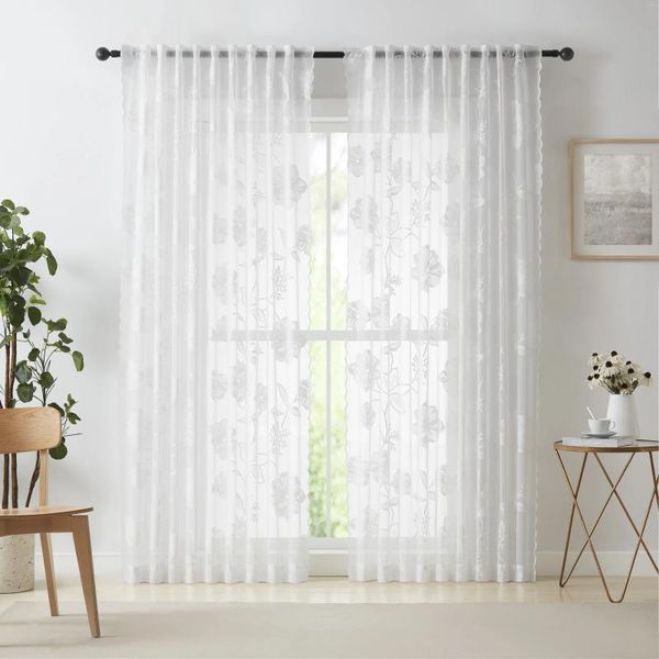Vorhang 2pcs Romantische Rosengaze warm und geeignet für Wohnzimmer Schlafzimmer Fensterbildschirm Beige weiß schwarzer Faden