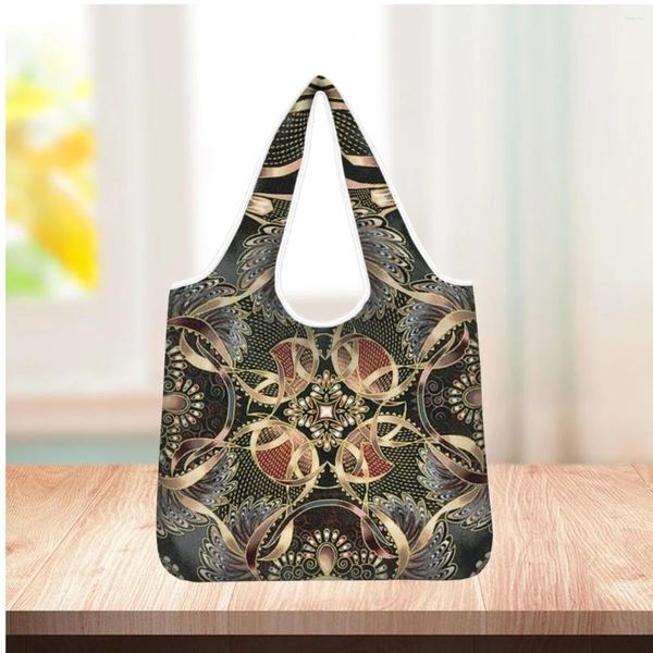 Aufbewahrungstaschen Toaddmos Tribal Blumenkulturdruck recycelbarer Einkaufstaschen Trend Faltbare Damen Handtasche bequemer wiederverwendbarer Rucksack