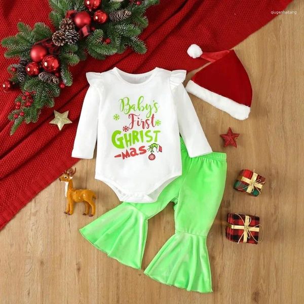 Kleidungssets 2024 Baby Girls Kleidung süße grüne Glocken-Bottom-Weihnachtsanzug Kleinkindmädchen ROMPERS Outfit Set geboren Bebes 0-12m