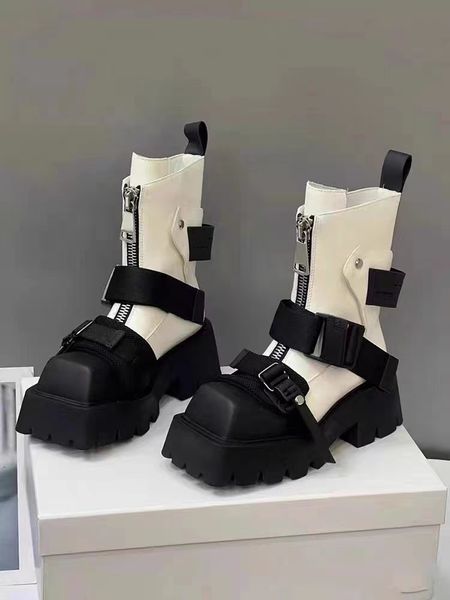 Frauen dicke untere Stiefel Reißverschluss Designer Schuhe für Frauen Modegürtelschnalle kurze Botines Herbst Winter -Knöchelstiefel P25D50