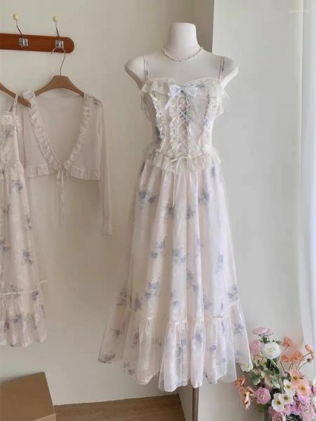 Lässige Kleider Sommer romantische Märchenkleid Frau Vintage Print Blume Mesh Spitzenbänder Spaghetti -Träger süße Prinzessin Vestido