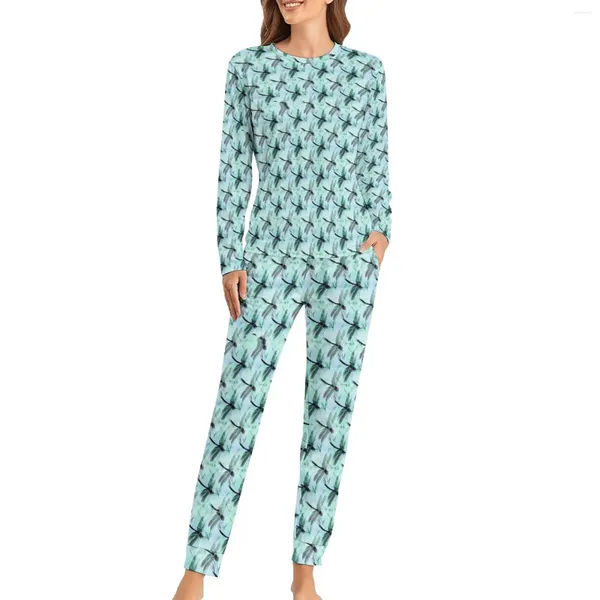 Frauen Nachtwäsche Dragonfly Print Pyjamas süßes Tier zweiteiliges Schlafzimmer Pyjama Set Female Langarm Kawaii Übergroße Nachtwäsche